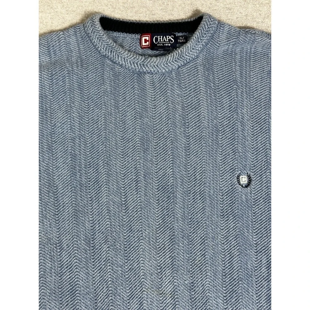 Chaps Sweater Mens XL Blue Herringbone Knit Crewneck Crest Logo Pullover Classic